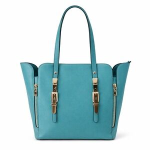 GUESS Gia Medium Satchel Tote Handbag Ice Blue Saffiano Gold Buckle Accents